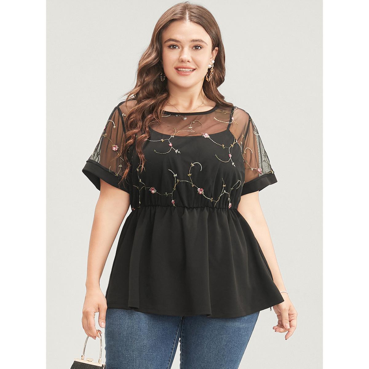 Plus Size Black Floral Embroidered Mesh Patchwork Ruffles Blouse Women Glamour Short sleeve Round Neck Party Blouses BloomChic 10/M Product Image