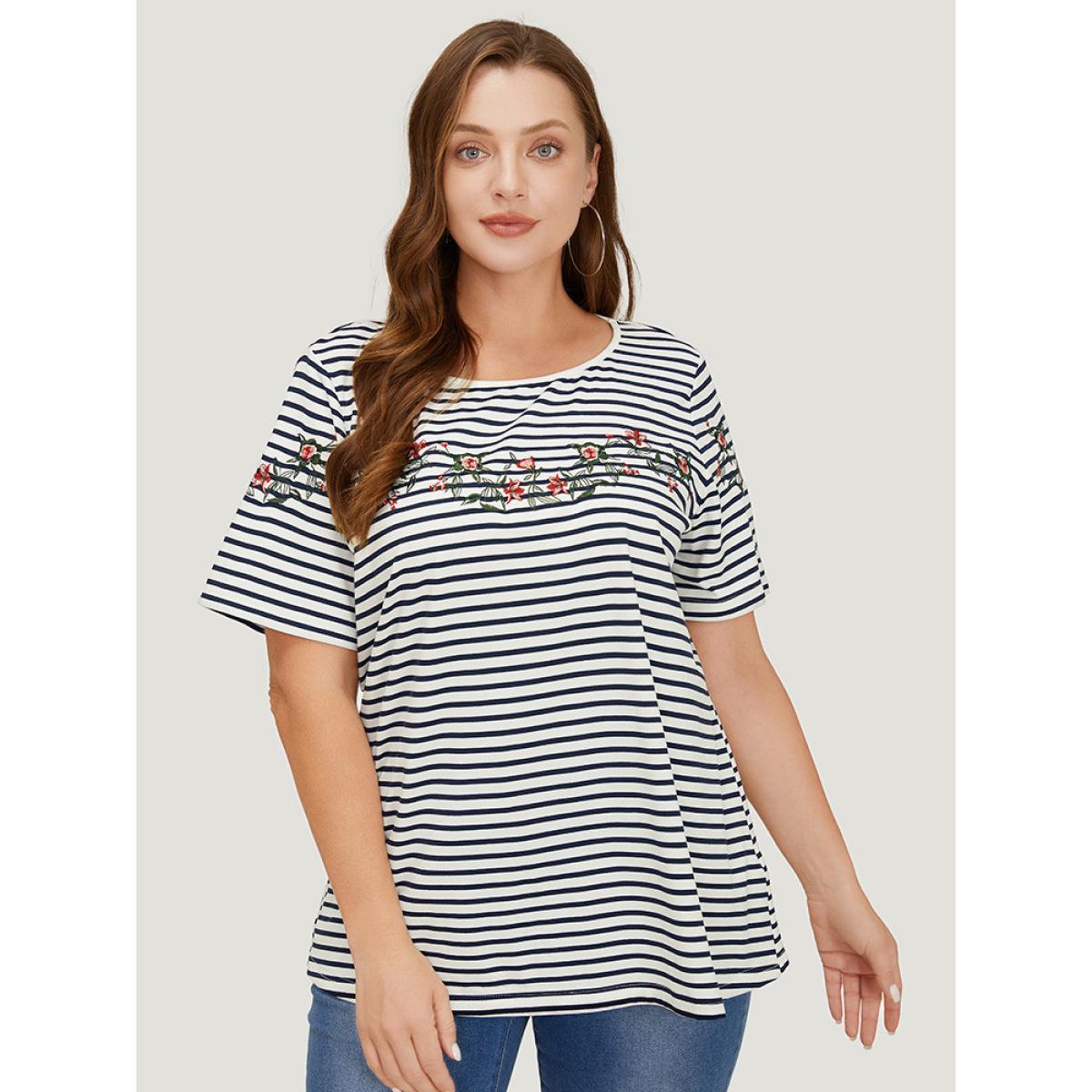 Plus Size Floral Embroidered Slightly Stretchy Striped T-shirt Navy Women Elegant Embroidered Striped Round Neck Dailywear T-shirts BloomChic 12/L Product Image