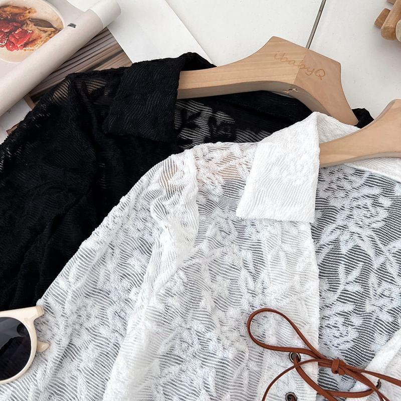 Flower Embroidered Lace-Up Lace Shirt Product Image