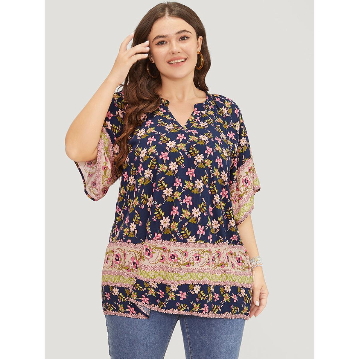 Plus Size Indigo Bandana Print Notched Ruffle Sleeve Blouse Women Vacation Half Sleeve Notched collar Dailywear Blouses BloomChic 12/L Product Image