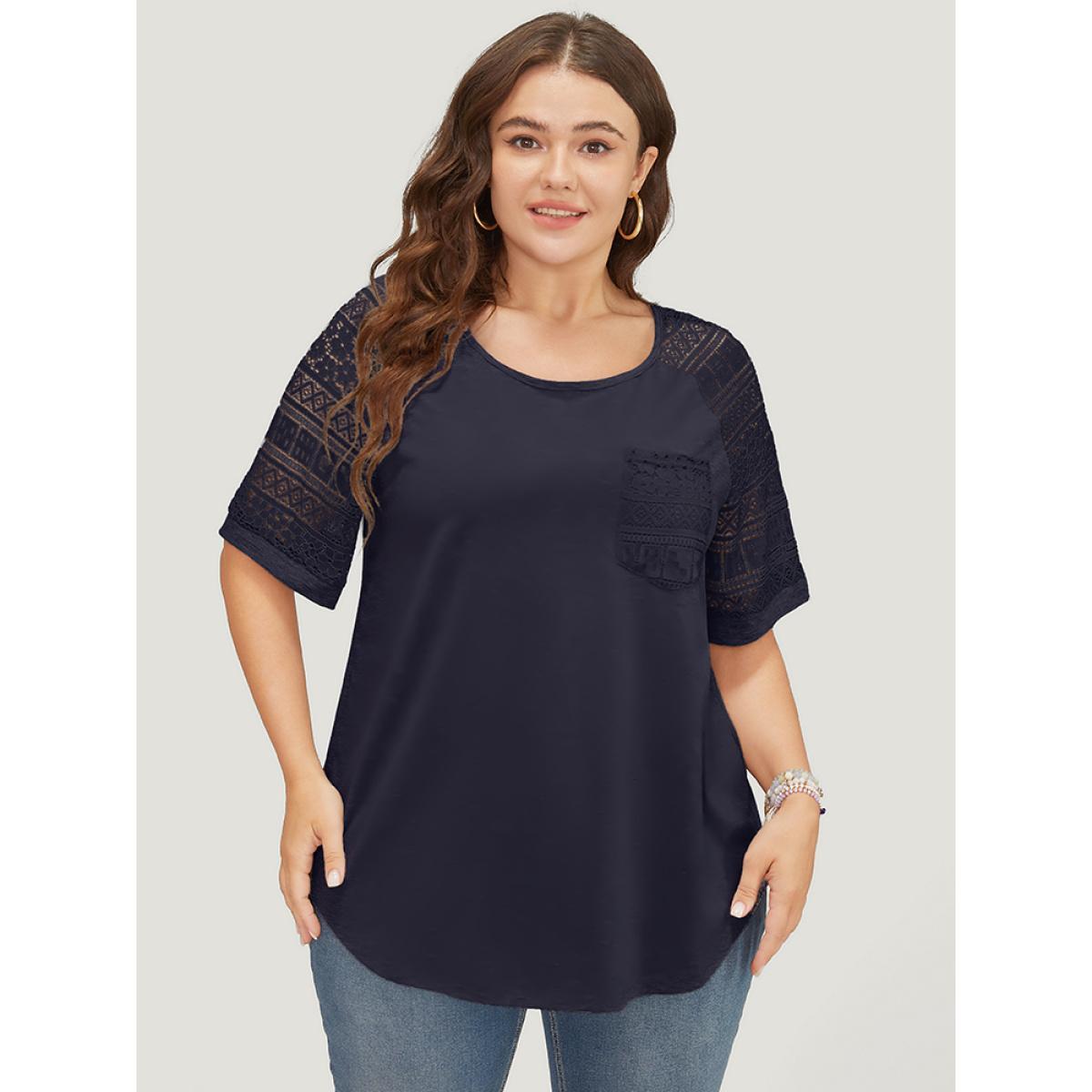 Plus Size Solid Pocket Contrast Lace Raglan Sleeve Arc Hem T-shirt Indigo Women Elegant Arc Hem Plain Round Neck Dailywear T-shirts BloomChic 26/4X Product Image