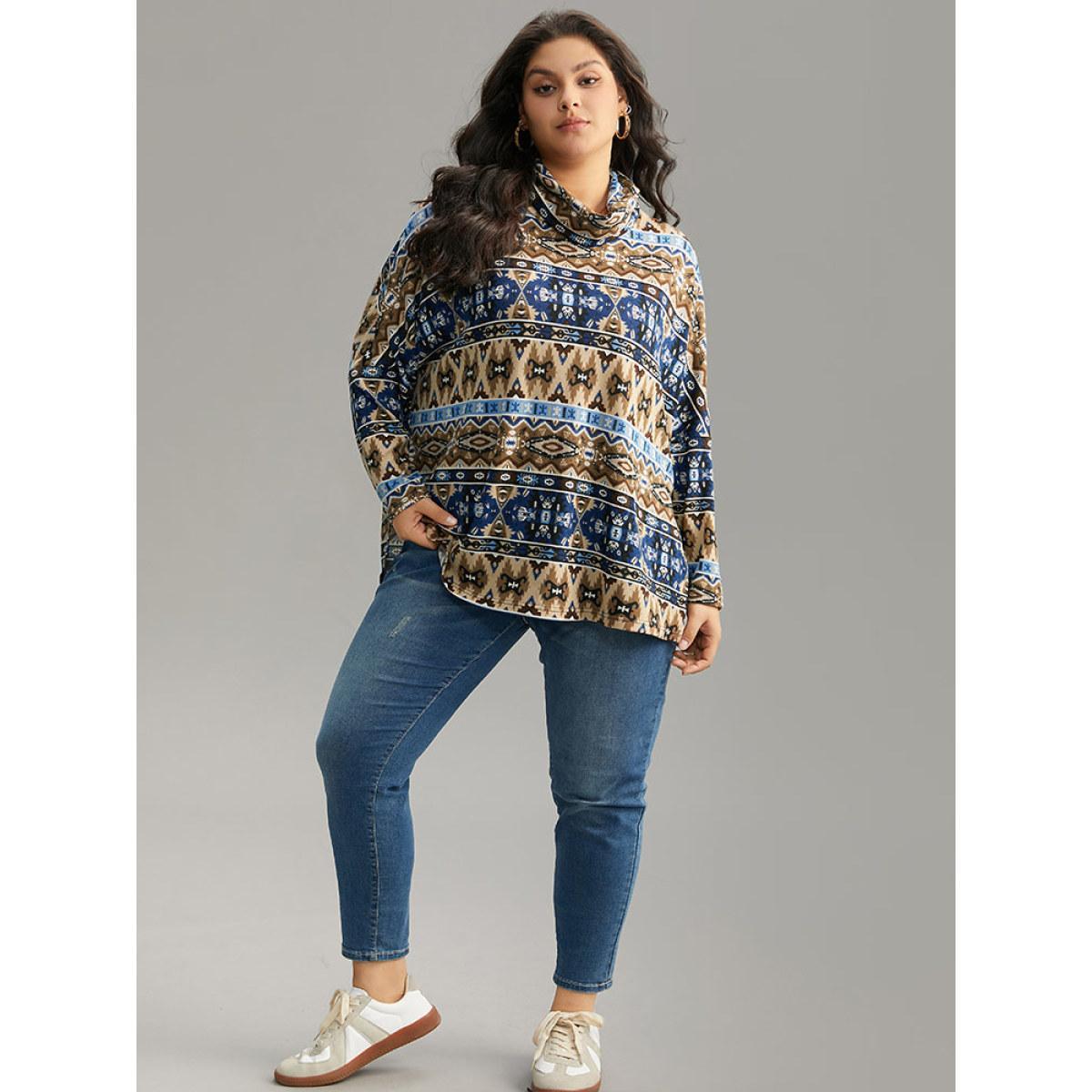 Plus Size Bandana Print Turtleneck Split Hem T-shirt Indigo Women Casual Printed Bohemian Print Turtleneck Dailywear T-shirts BloomChic 12/L Product Image
