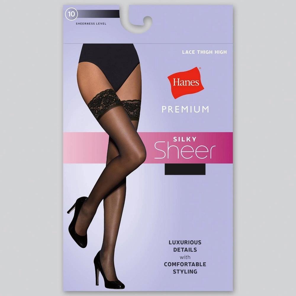 Hanes Premium Women's Sheer Thigh Highs - Black L: Elastic Leg Opening, Closed Toe, Knit Stockings Product Image