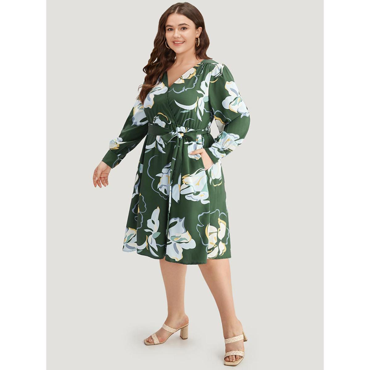 Plus Size Floral Print Belted Long Sleeve Dress DarkGreen Women Vacation Belted V-neck Long Sleeve Curvy Midi Dress BloomChic 14-16/1X Product Image