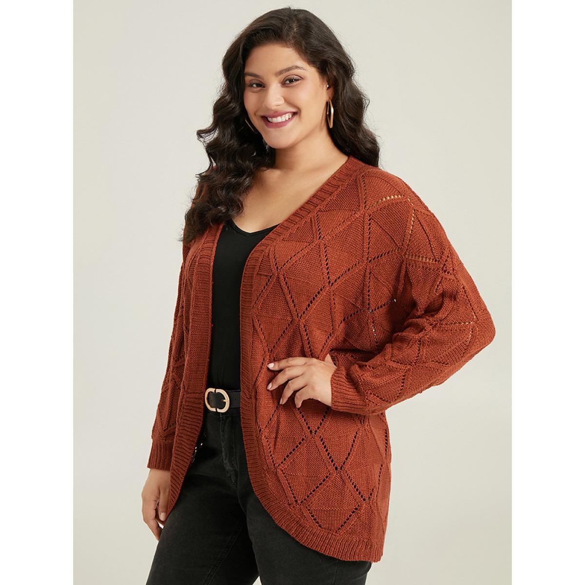 Plus Size Geometric Hollow Out Open Front Cardigan Rust Women Casual Loose Long Sleeve Dailywear Cardigans BloomChic 10/M Product Image