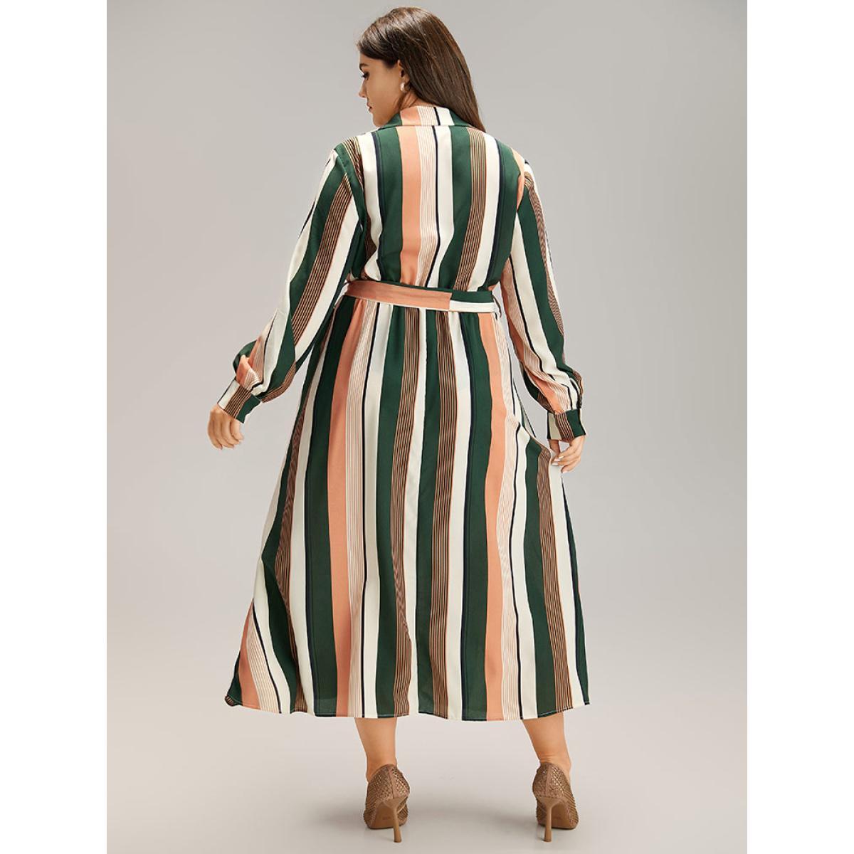 Plus Size Striped Belted Shirt Collar Button Through Dress Multicolor Women At the Office Printed Shirt collar Long Sleeve Curvy Midi Dress BloomChic 26/4X Product Image