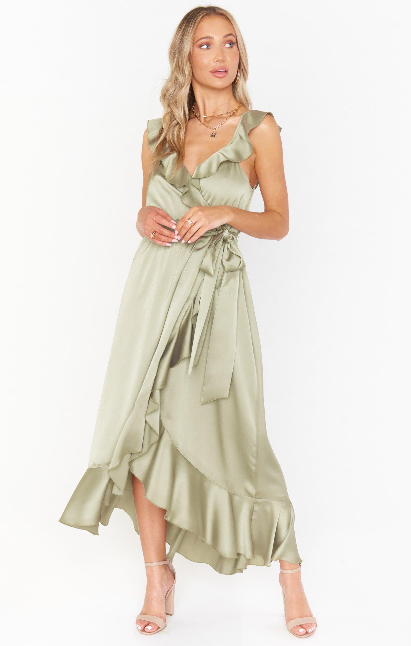 Samantha Ruffle Wrap Dress ~ Rose Gold Luxe Satin Product Image
