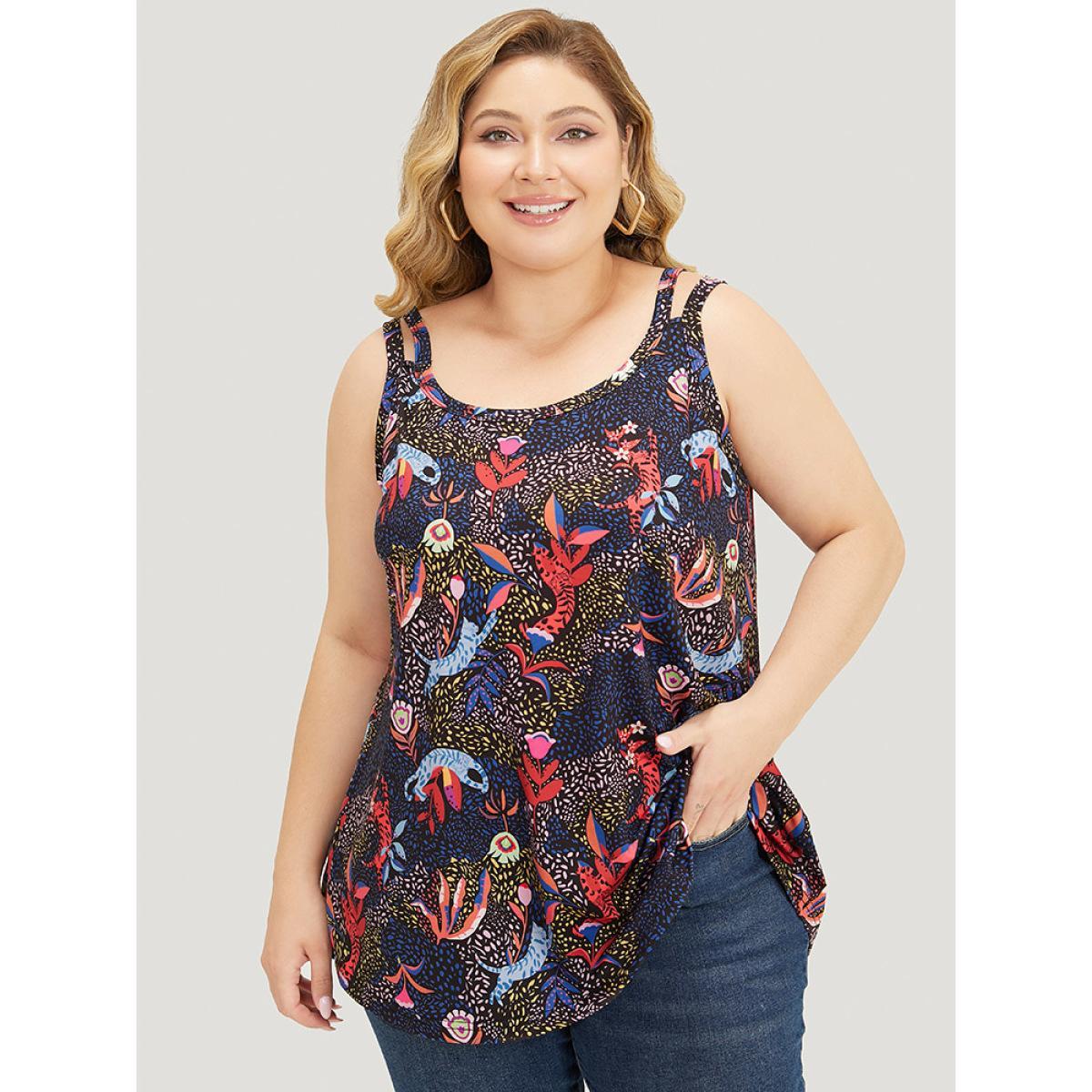 Plus Size Cat & Plant Print Sleeveless Cut Out Cami Top Women Navy Casual Cut-Out V-neck Dailywear Tank Tops Camis BloomChic 22-24/3X Product Image