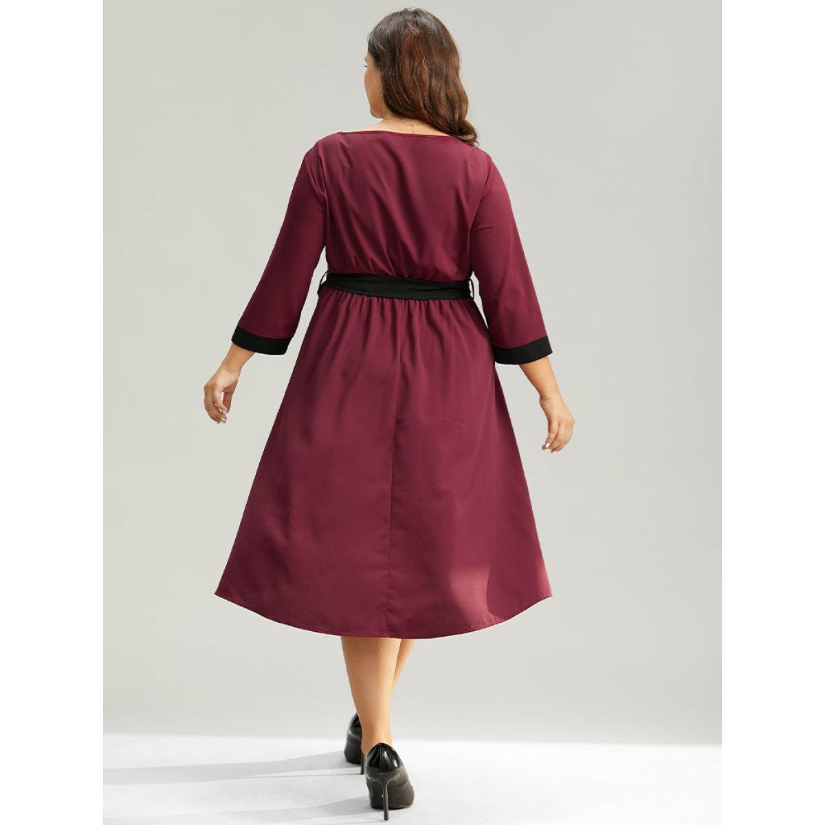 Plus Size Anti-Wrinkle Two Tone Patchwork Square Neck Dress Burgundy Women Elegant Belted Square Neck Elbow-length sleeve Curvy Midi Dress BloomChic 12/L Product Image