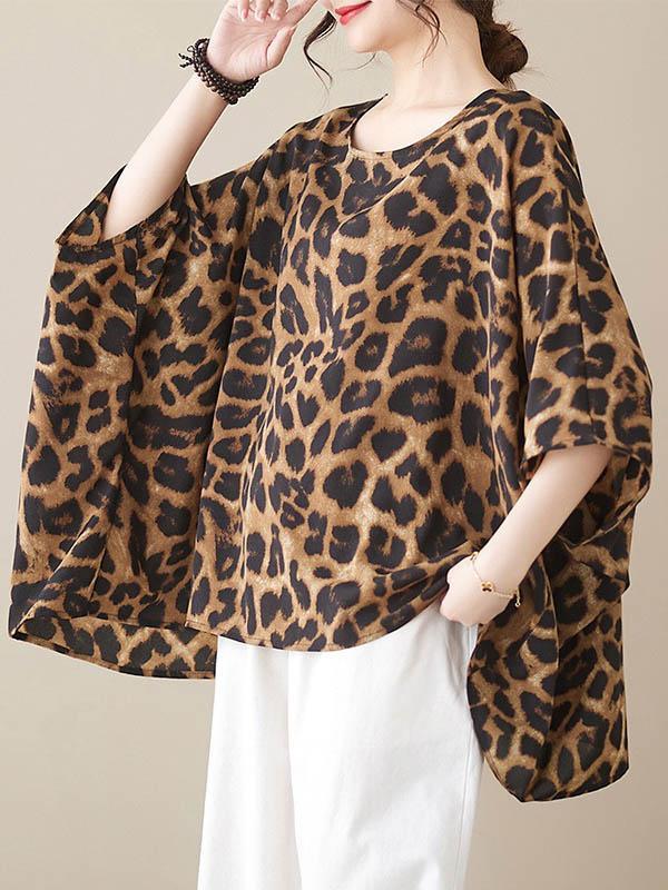 Batwing Sleeves Loose Leopard Round-Neck T-Shirts Tops Product Image