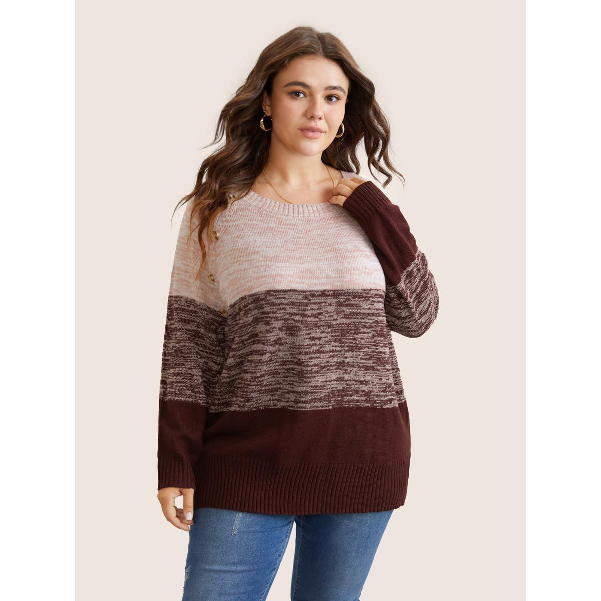 Plus Size Colorblock Contrast Heather Button Detail Pullover Maroon Women Casual Long Sleeve Round Neck Everyday Pullovers BloomChic 12/L Product Image
