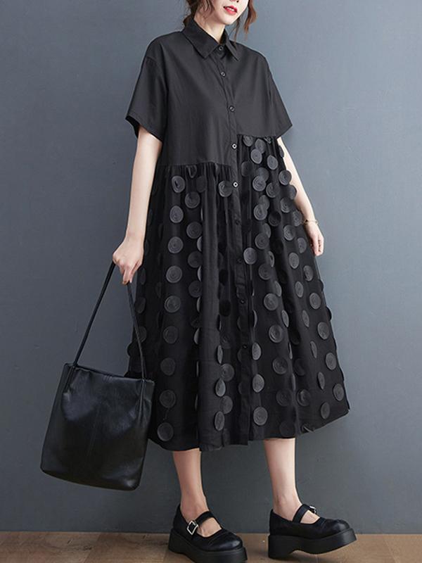Original Casual Loose Polka-Dot Split-Joint Midi Shirt Dress Product Image