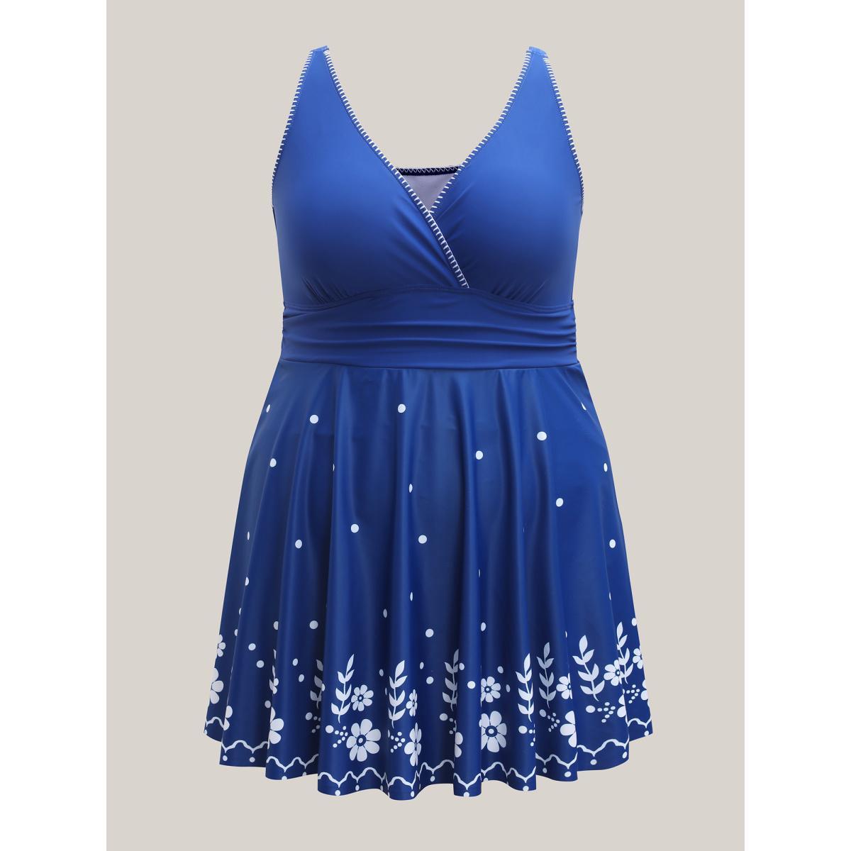 Plus Size Anti-Float Tie Floral Print Embroidered Swim Dress Women's Swimwear Mediumblue Beach Bodycon Overlap Collar High stretch Curve Swim Dresses BloomChic 22-24/3X Product Image