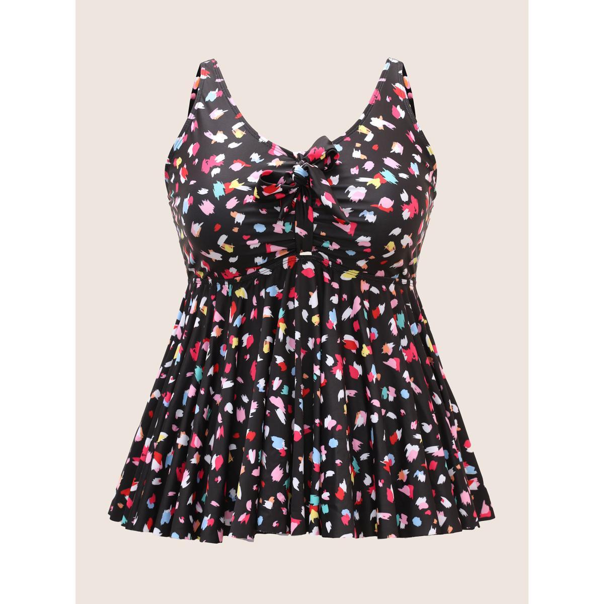 Plus Size Allover Print V Neck Gathered Swim Top Women's Swimwear Black Beach Gathered High stretch Bodycon V-neck Curve Swim Tops BloomChic 18-20/2X Product Image