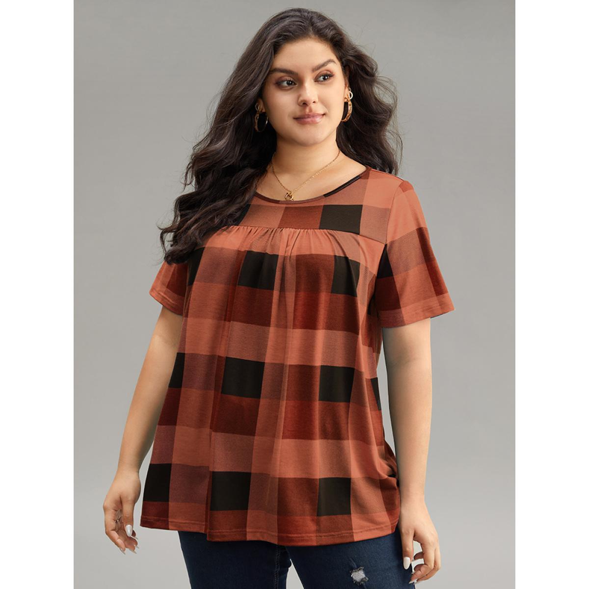 Plus Size Plaid Round Neck Gathered T-shirt Red Women Casual Gathered Plaid Round Neck Everyday T-shirts BloomChic 14-16/1X Product Image
