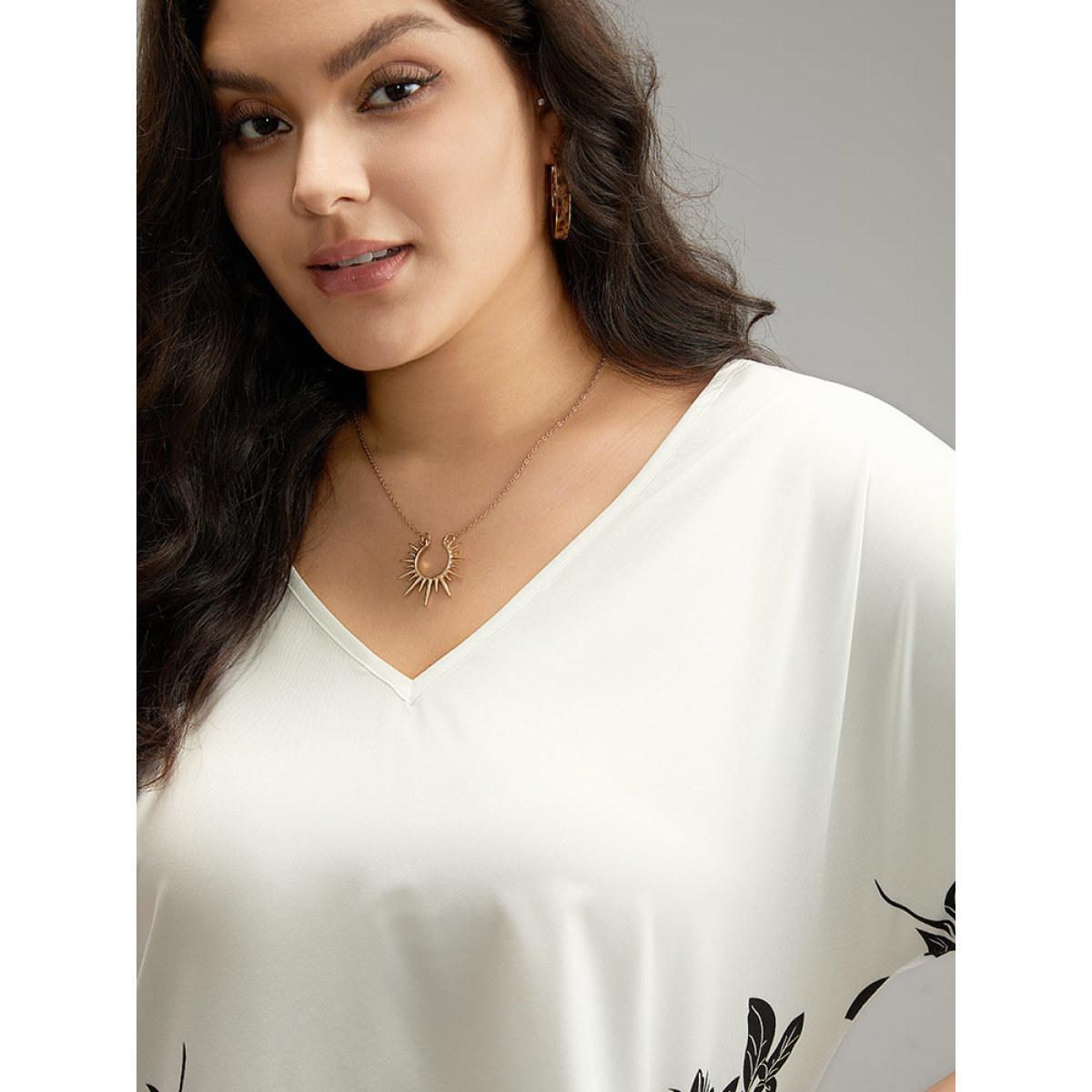 Plus Size White Boho Print V Neck Cut Out Blouse Women Elegant Elbow-length sleeve V-neck Dailywear Blouses BloomChic 28/5X Product Image