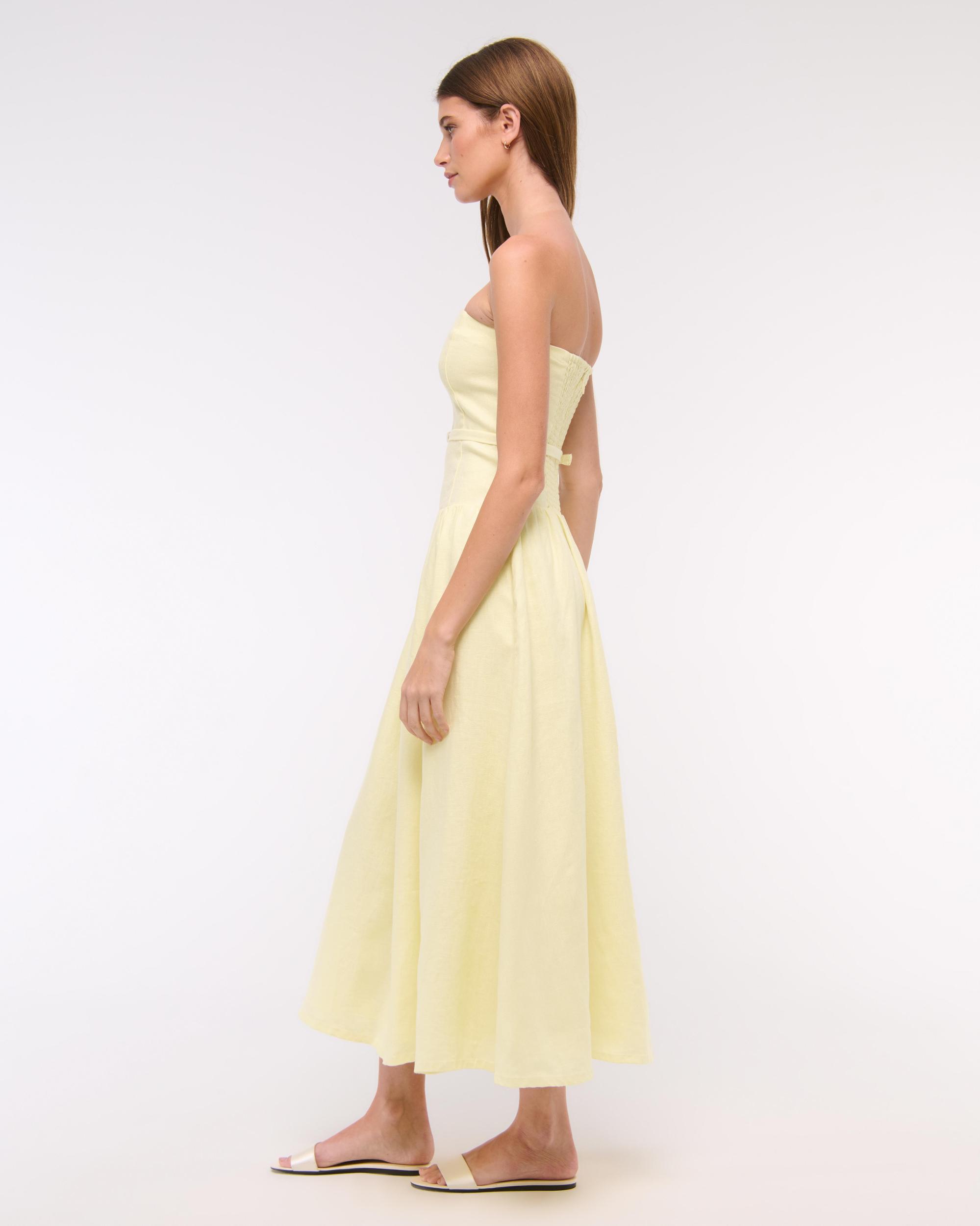 Premium Linen Drop-Waist Belted Midi Dress Product Image