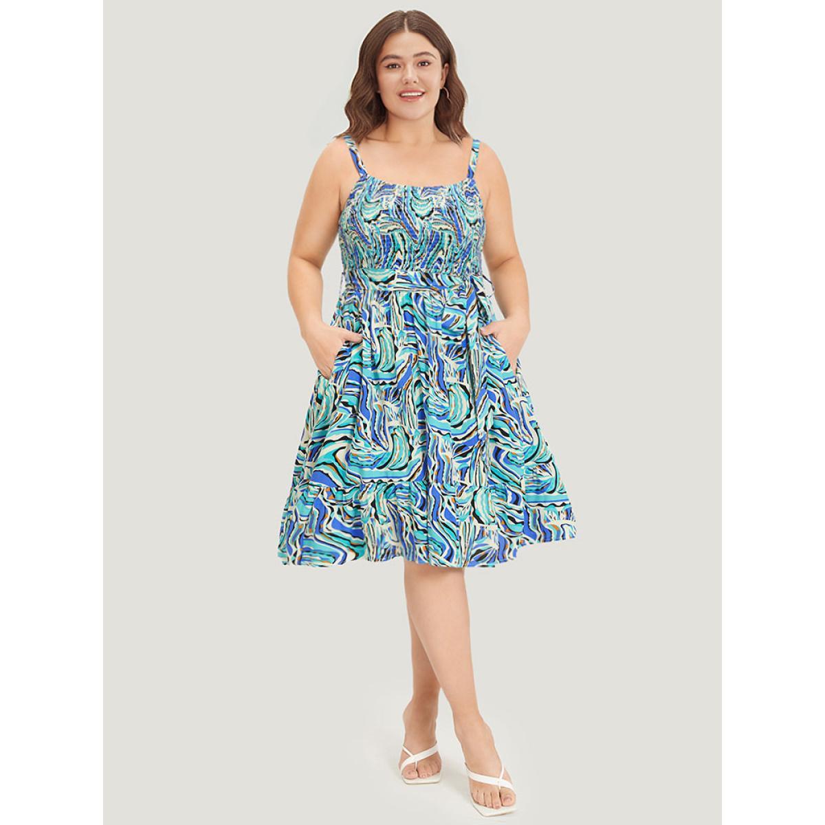 Plus Size Water Ripple Print Shirred Pocket Belted Cami Dress Arctic Women Elegant Pocket Spaghetti Strap Sleeveless Curvy Knee Dress BloomChic 22-24/3X Product Image