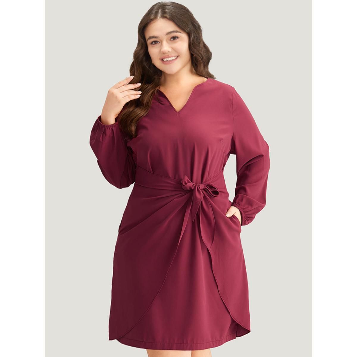 Plus Size Anti-Wrinkle Solid Ties Lantern Sleeve Dress Scarlet Women Office Elastic cuffs Notched collar Long Sleeve Curvy Knee Dress BloomChic 12/L Product Image