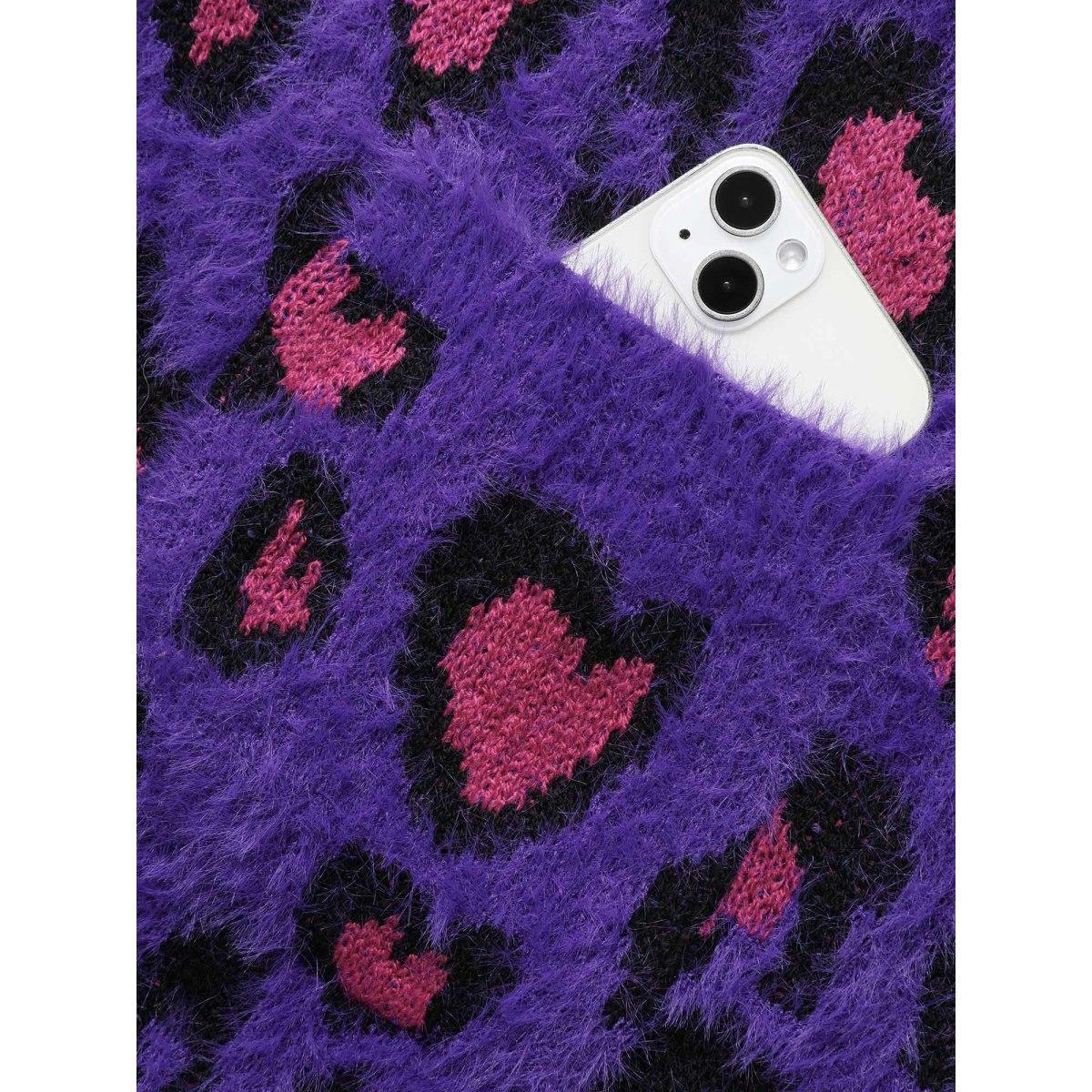 Plus Size Leopard Print Fluffy Patch Pocket Cardigan Deeppurple Women Casual Loose Long Sleeve Everyday Cardigans BloomChic 30/6X Product Image