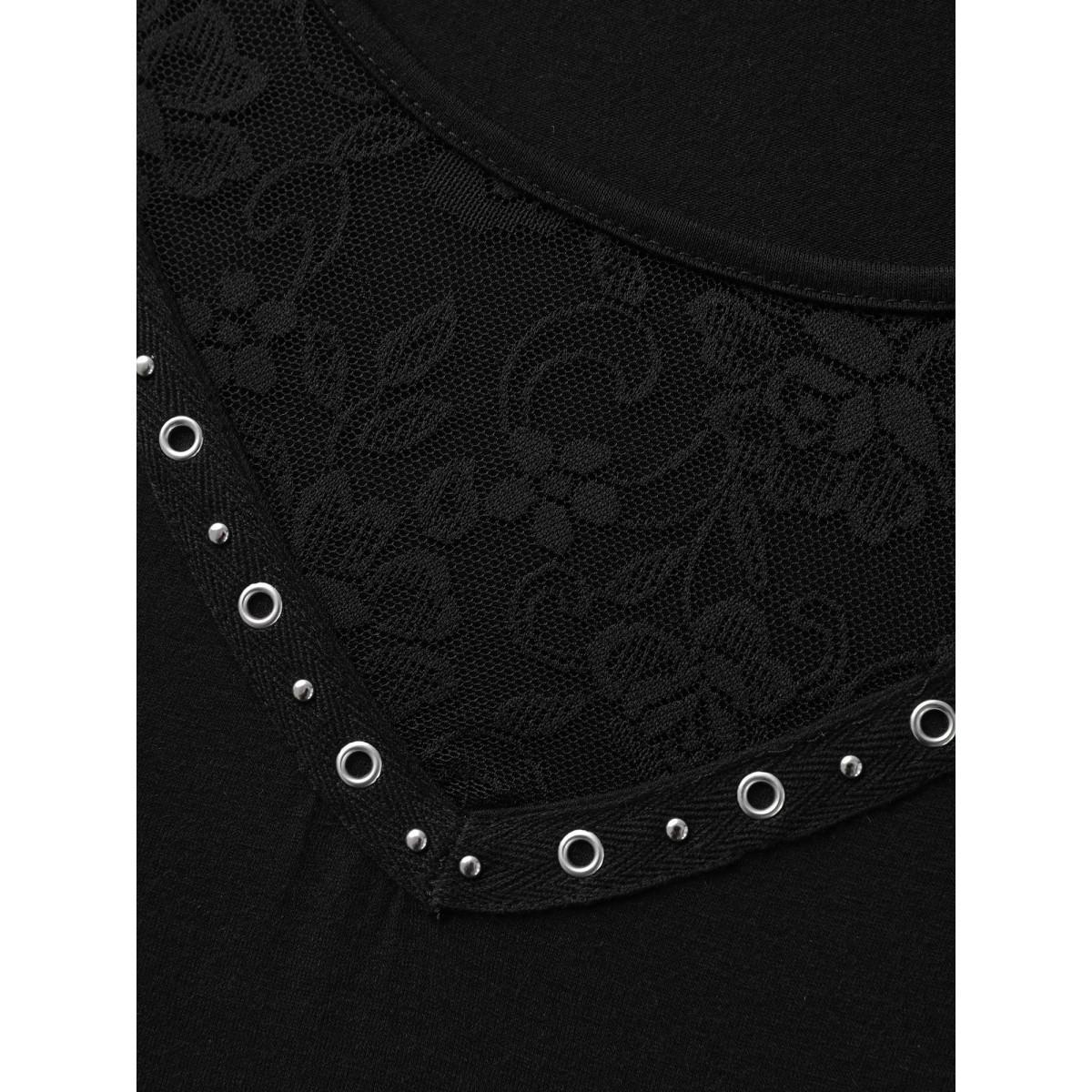 Plus Size Lace Trim Sheer Solid T-Shirt Black Women Round Neck Everyday-Casual T-shirts BloomChic 18-20/2X Product Image
