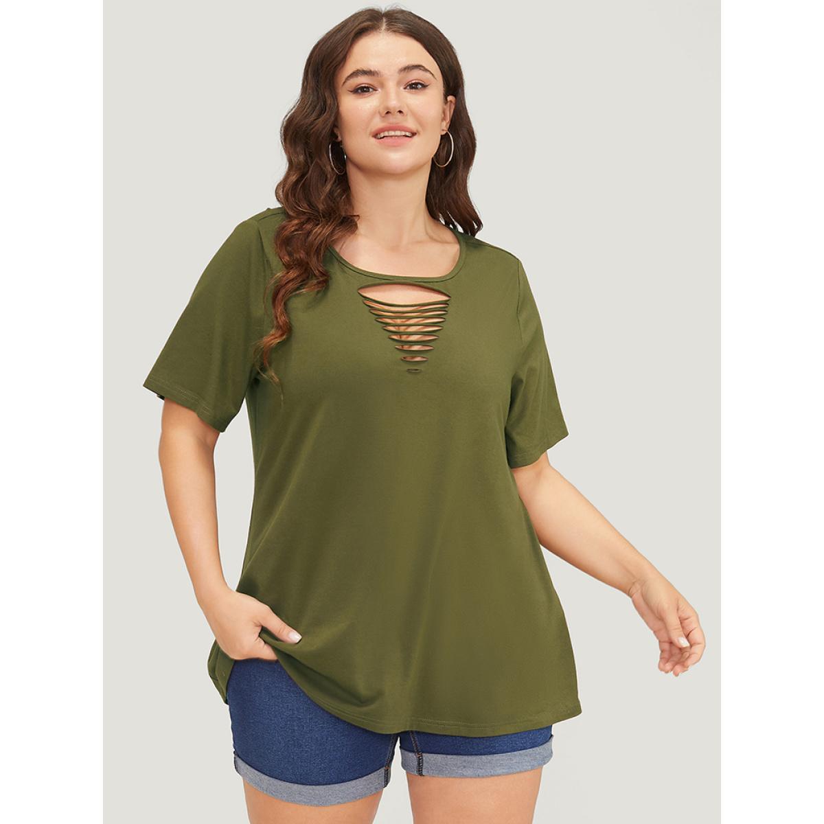 Plus Size Plain Cut Out Short Sleeve T-shirt ArmyGreen Women Casual Cut-Out Plain Round Neck Dailywear T-shirts BloomChic 22-24/3X Product Image