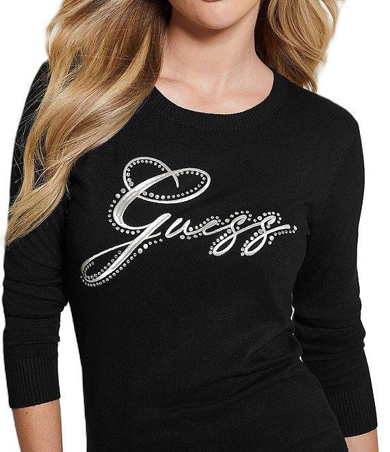 Guess Olive Logo Rhinestone Long Sleeve Sweater Product Image