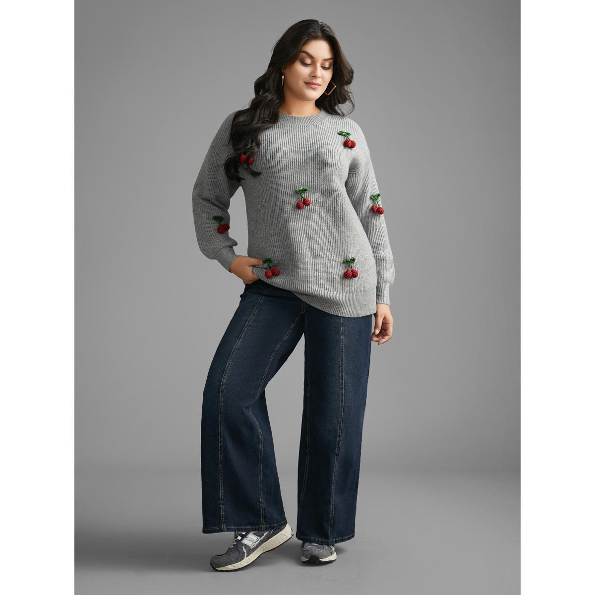 Plus Size Supersoft Essentials Stereo Cherry Design Pullover Mediumgray Women Casual Loose Long Sleeve Round Neck Everyday Pullovers BloomChic 12/L Product Image