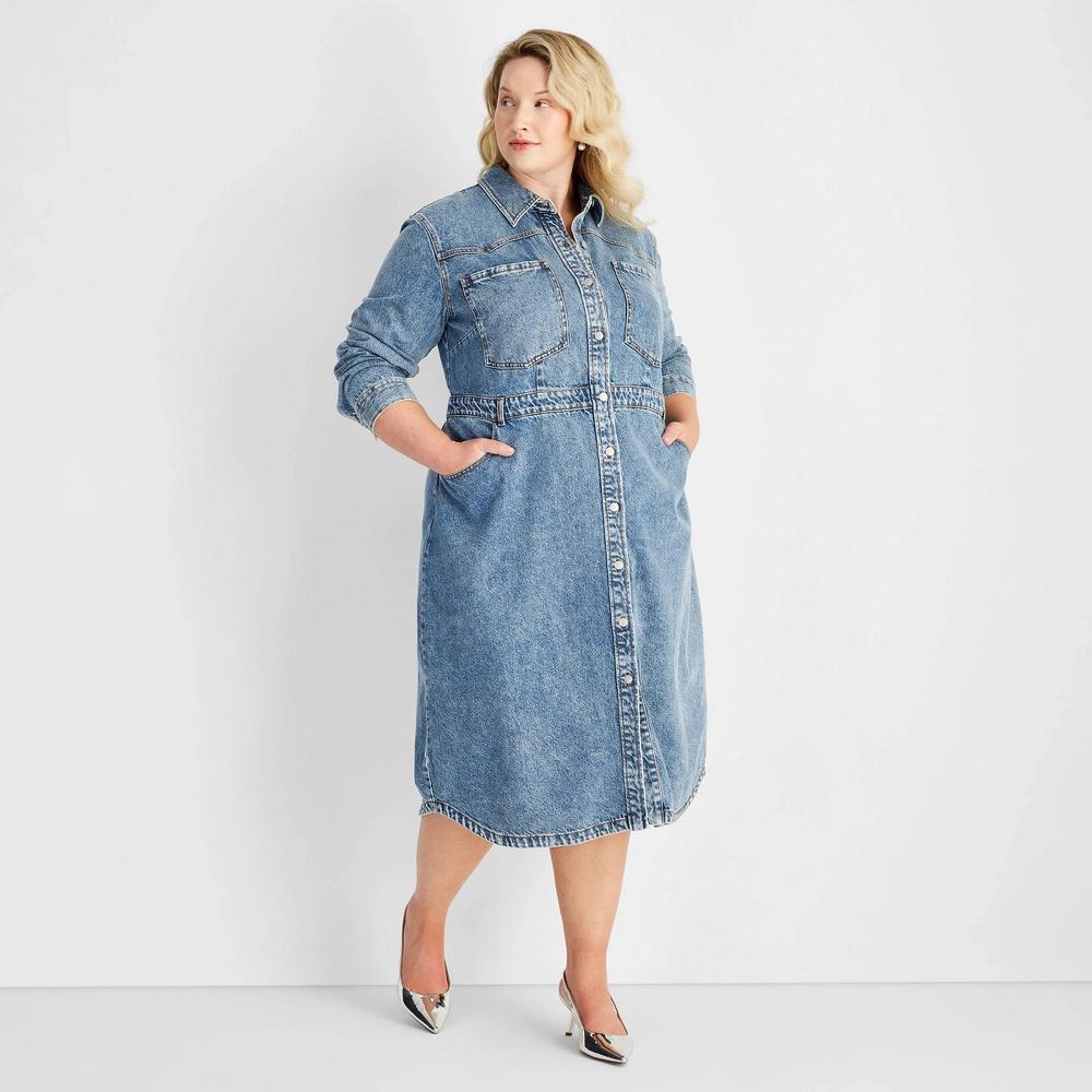 Women's Long Sleeve Denim Midi Dress - Future Collective Medium Wash 26 Product Image
