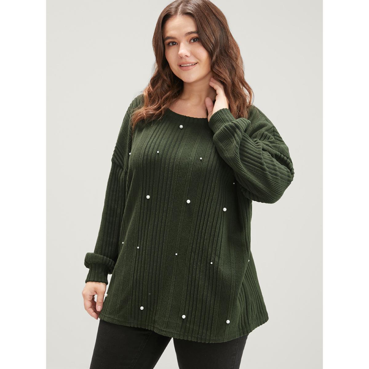 Plus Size Solid Round Neck Pearls Beaded Rib Knit Sweatshirt Women DarkGreen Casual Beaded Round Neck Dailywear Sweatshirts BloomChic 18-20/2X Product Image
