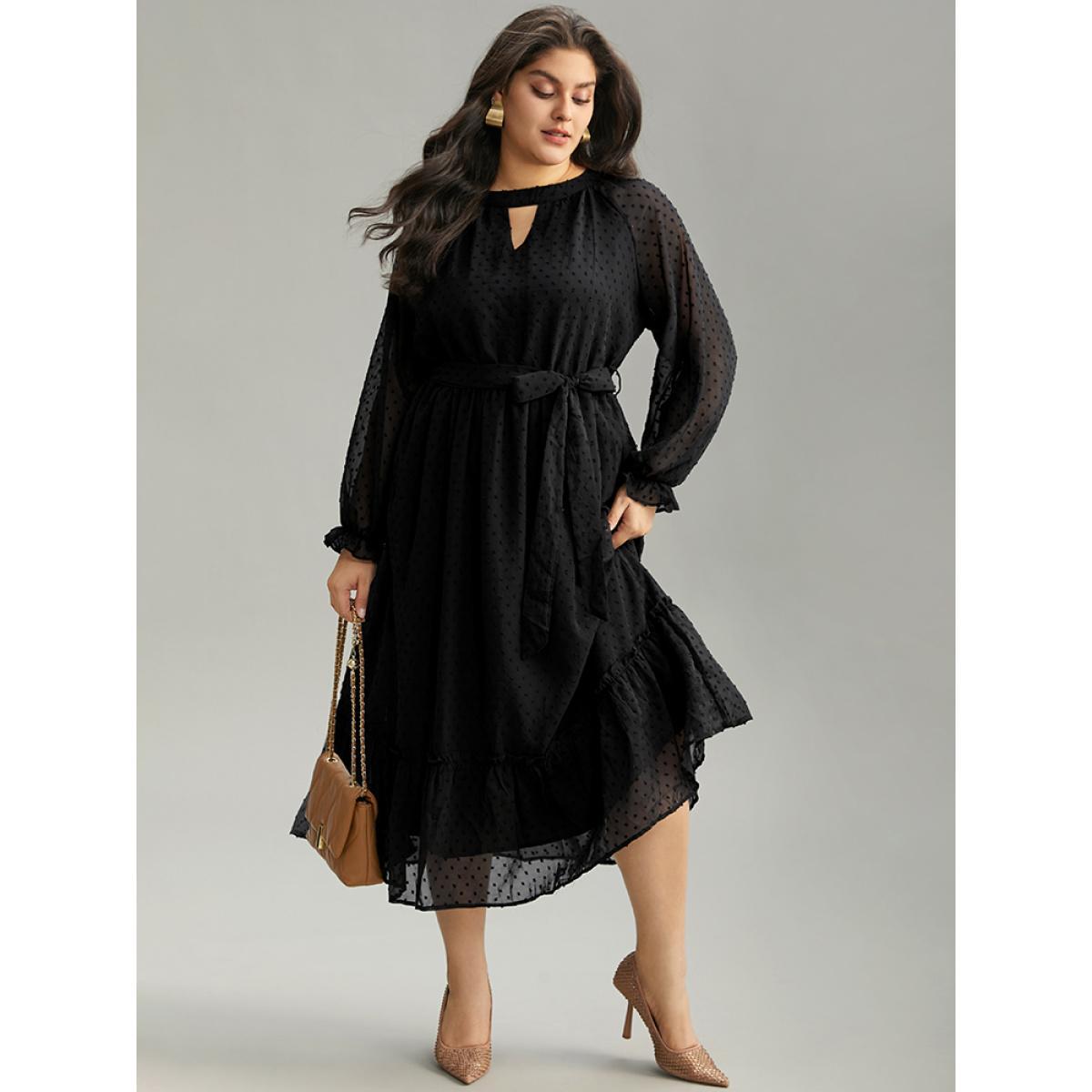 Plus Size Chiffon Texture Belted Mesh Keyhole Frill Trim Dress Black Women Office Texture Keyhole Cut-Out Long Sleeve Curvy Midi Dress BloomChic 26/4X Product Image