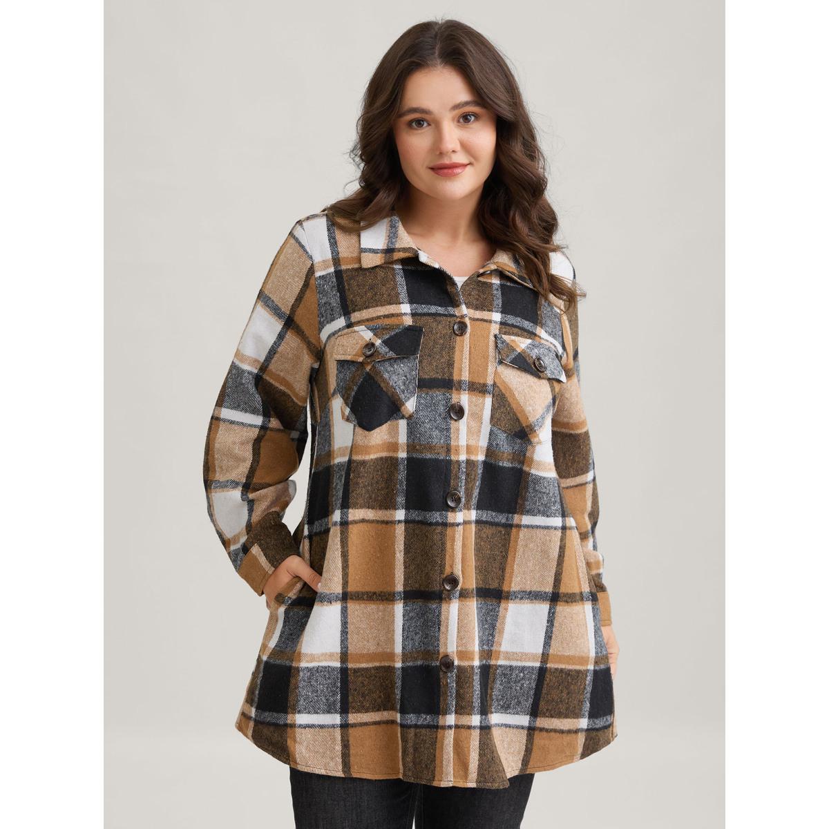 Plus Size Plaid Chest Pockets Long Jacket Women Bronze Button Loose Side seam pocket Everyday Jackets BloomChic 18-20/2X Product Image