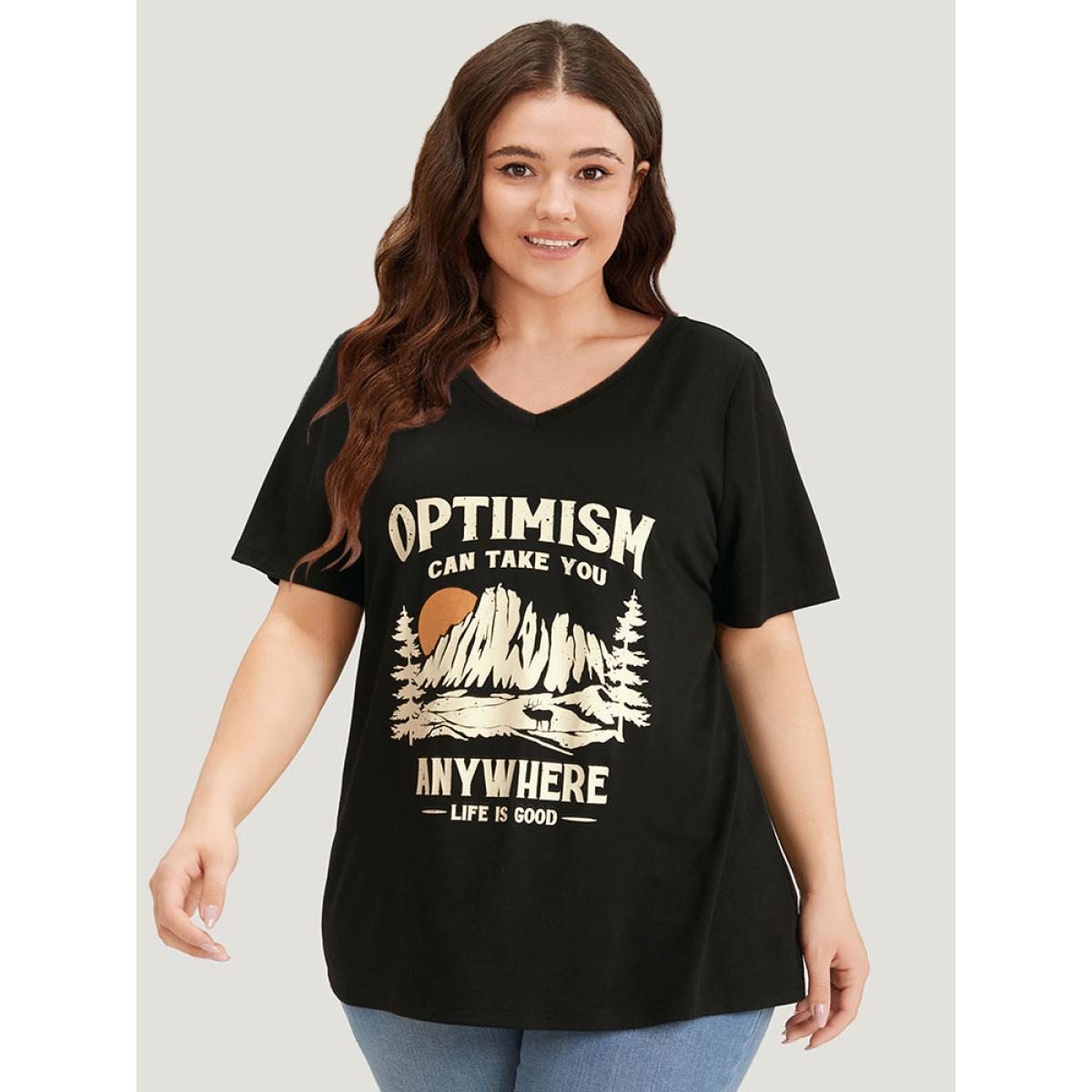 Plus Size Landscape & Letter Print V Neck T-shirt Black Women Casual Printed Landscape Dailywear T-shirts BloomChic 10/M Product Image