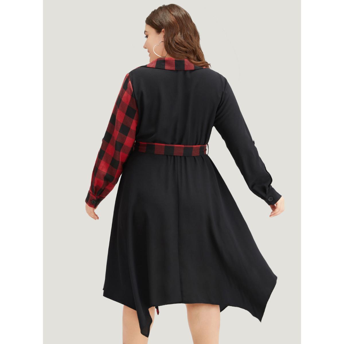 Plus Size Plaid Patchwork Belted Hanky Hem Dress Black Women Casual Belted V-neck Long Sleeve Curvy Midi Dress BloomChic 18-20/2X Product Image