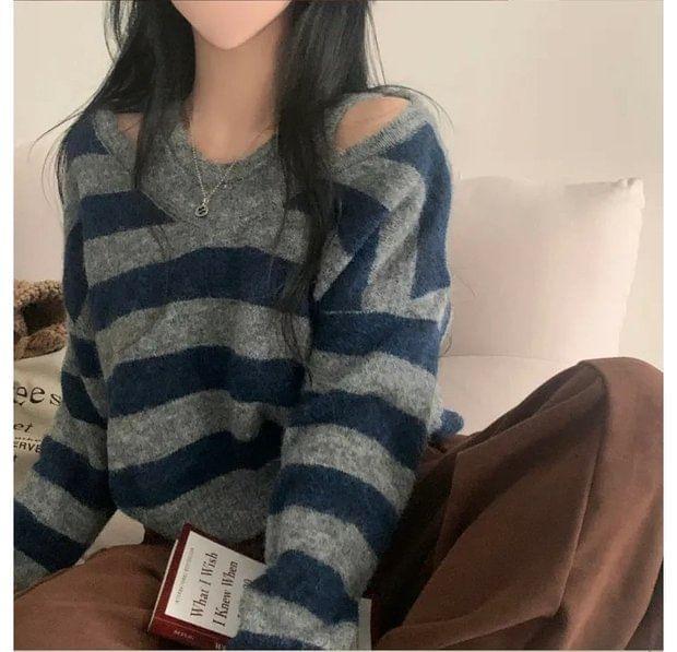 Long Sleeve V-Neck Mock Two-Piece Striped Sweater Product Image