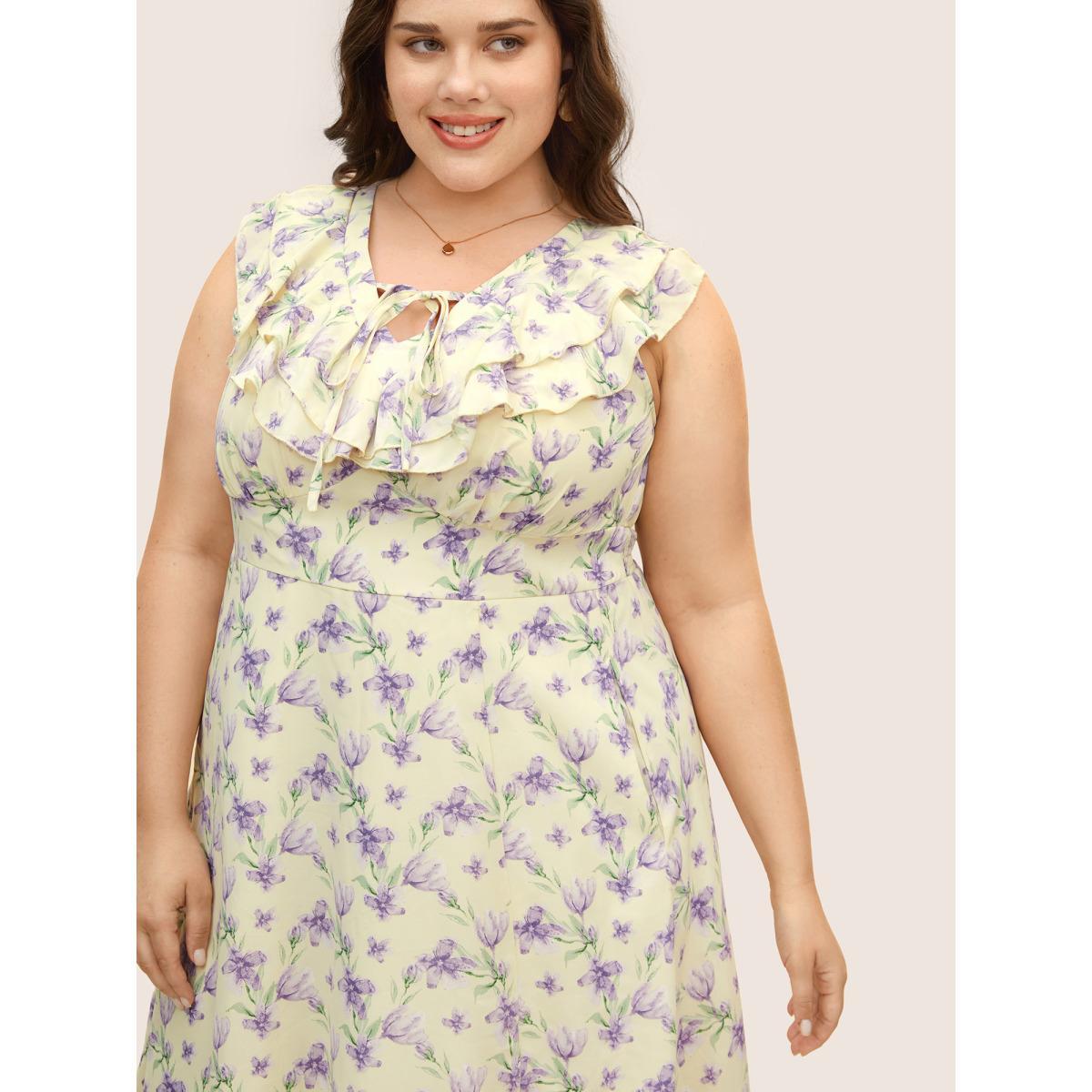 Plus Size Floral Ruffles Shirred Sleeveless Midi Dress Apricot Women Elegant Cross straps V-neck Sleeveless Curvy BloomChic 26/4X Product Image
