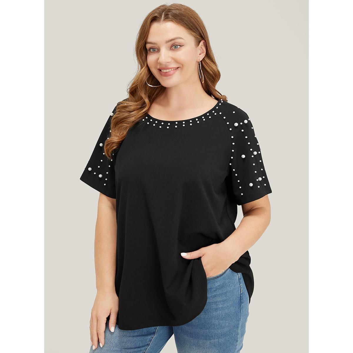 Plus Size Solid Raglan Sleeve Pearl Beaded T-shirt Black Women Elegant Beaded Plain Round Neck Dailywear T-shirts BloomChic 10/M Product Image