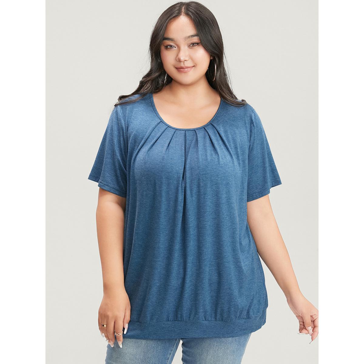 Plus Size Solid Round Neck Pleated Detail T-shirt Blue Women Casual Plain Round Neck Dailywear T-shirts BloomChic 30/6X Product Image