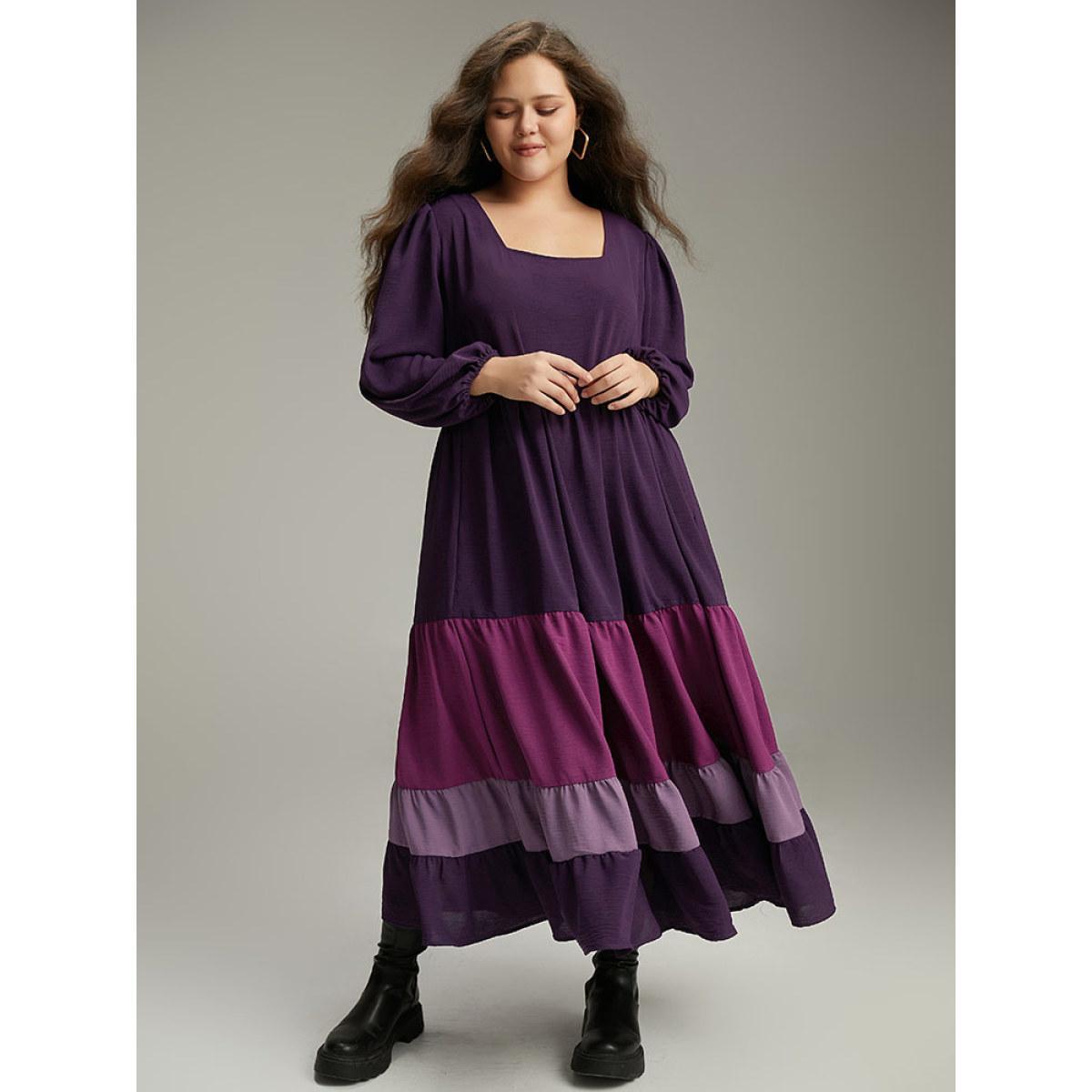 Plus Size Colorblock Contrast Square Neck Ruffle Layered Hem Dress Eggplant Women Casual Elastic cuffs Square Neck Long Sleeve Curvy Long Dress BloomChic 30/6X Product Image