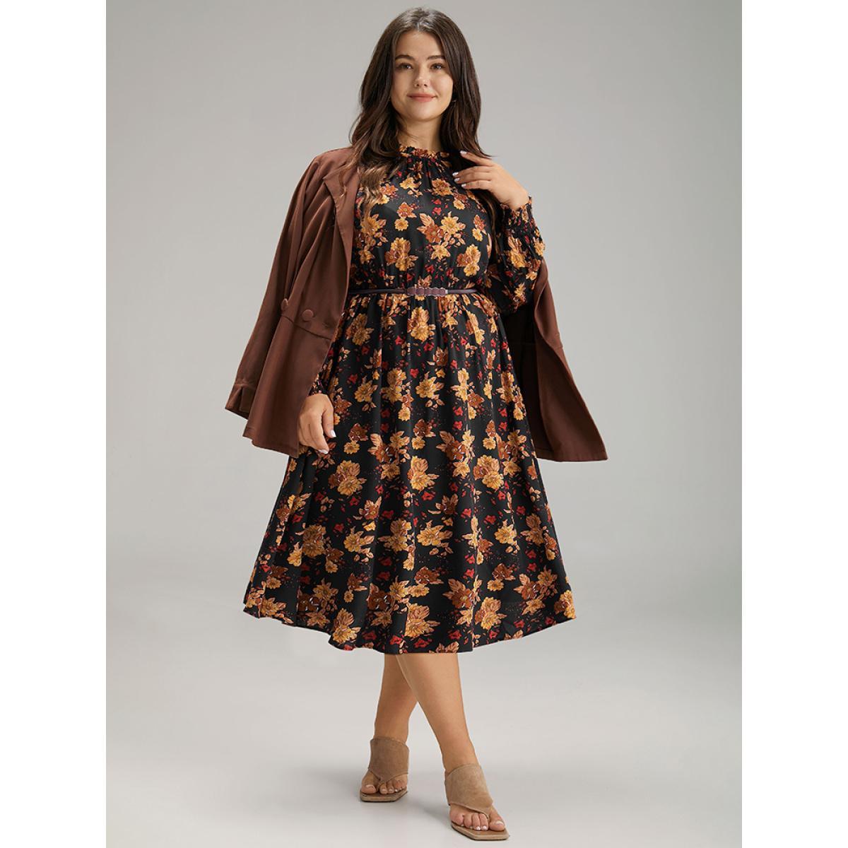 Plus Size Supersoft Essentials Floral Print Mock Neck Dress Black Women Elegant Printed Mock Neck Long Sleeve Curvy Midi Dress BloomChic 30/6X Product Image