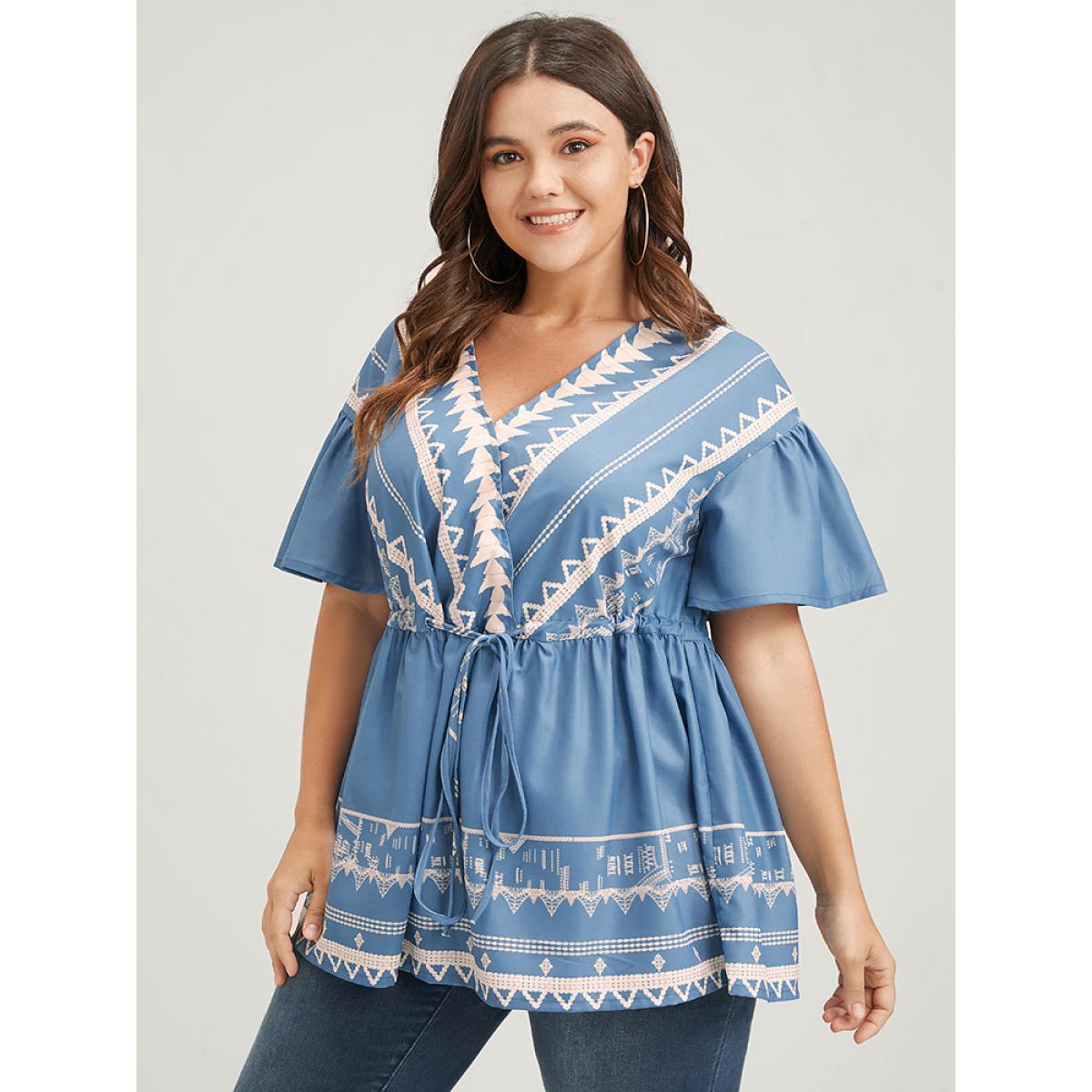 Plus Size LightBlue Bandana Ruffles Button Flutter Ties Wrap Blouse Women Elegant Short sleeve V-neck Dailywear Blouses BloomChic 14-16/1X Product Image