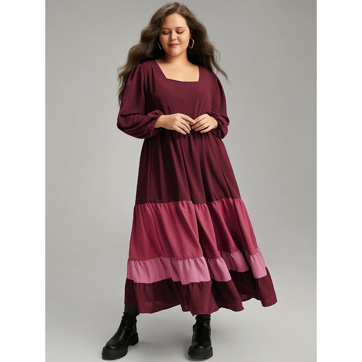 Plus Size Colorblock Contrast Square Neck Ruffle Layered Hem Dress Scarlet Women Casual Elastic cuffs Square Neck Long Sleeve Curvy Long Dress BloomChic 28/5X Product Image