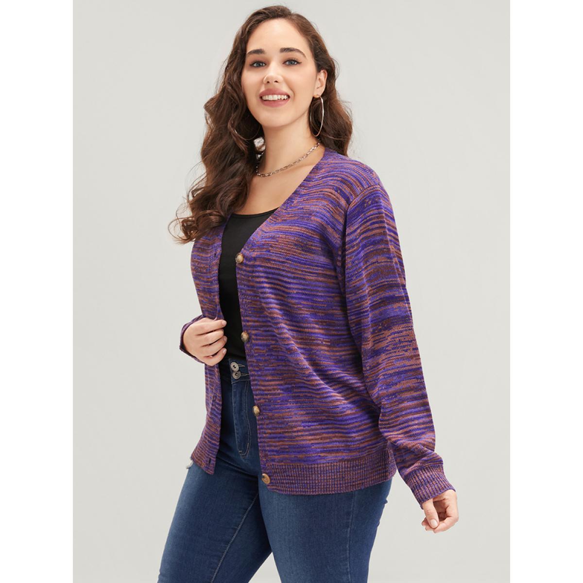 Plus Size Space Dye Pointelle Knit Button Front Heather Cardigan Eggplant Women Casual Loose Long Sleeve Dailywear Cardigans BloomChic 22-24/3X Product Image