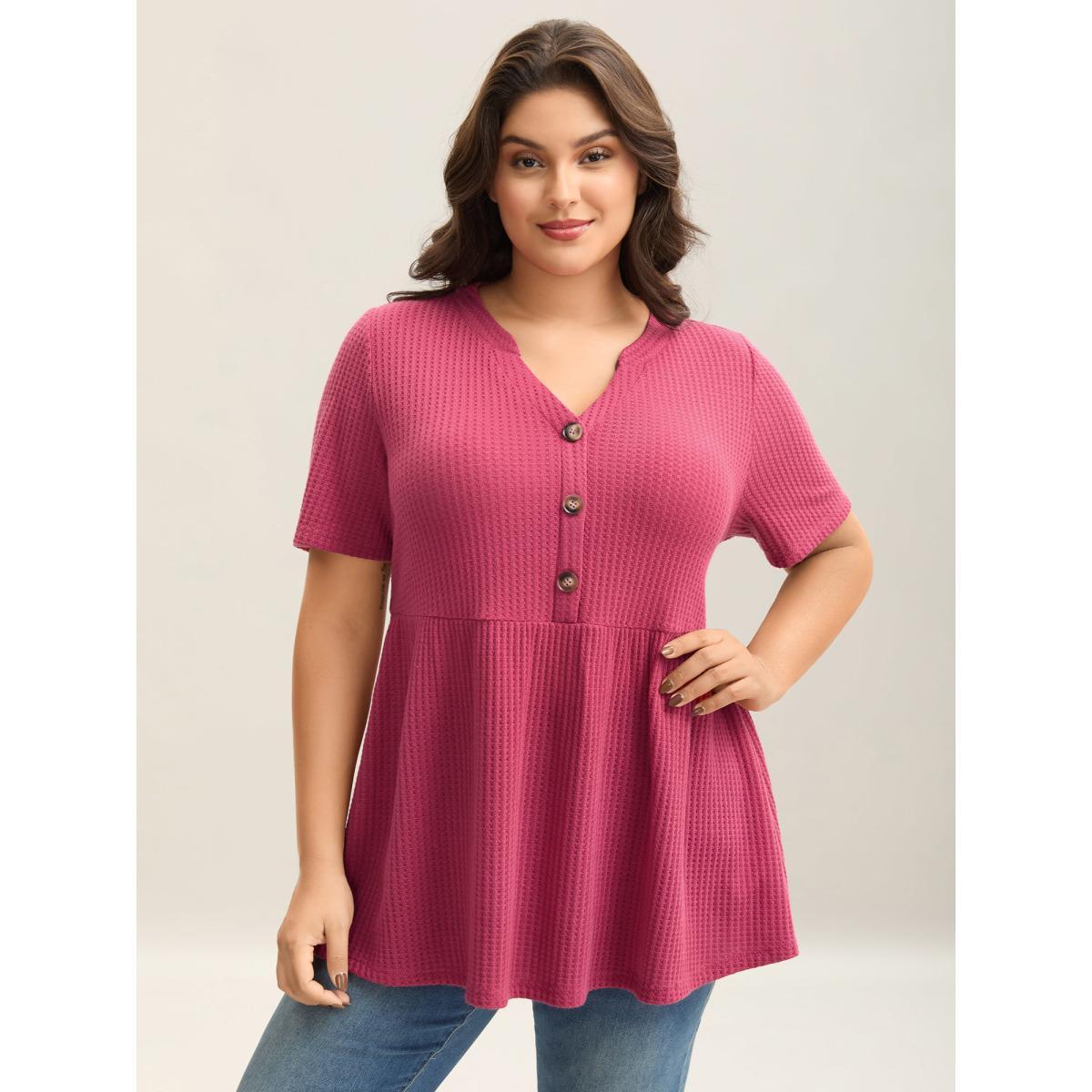 Plus Size Textured Notched Neck Button Plain T-Shirt Peach Women Casual Texture Notched collar Bodycon Everyday T-shirts BloomChic 30/6X Product Image