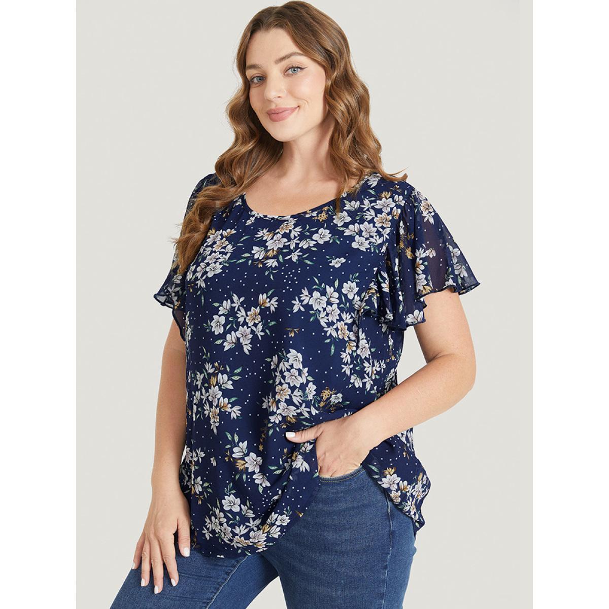 Plus Size Indigo Floral Printed Ruffle Sleeve Round Neck Blouse Women Elegant Short sleeve Round Neck Dailywear Blouses BloomChic 28/5X Product Image