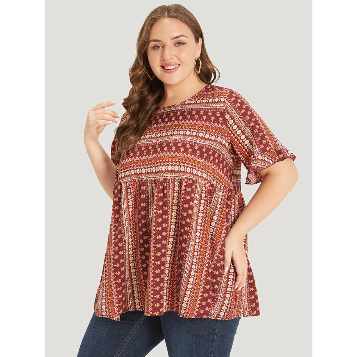 Plus Size Russet Bandana Patchwork Ruffle Sleeve Blouse Women Vacation Short sleeve Round Neck Dailywear Blouses BloomChic 18-20/2X Product Image