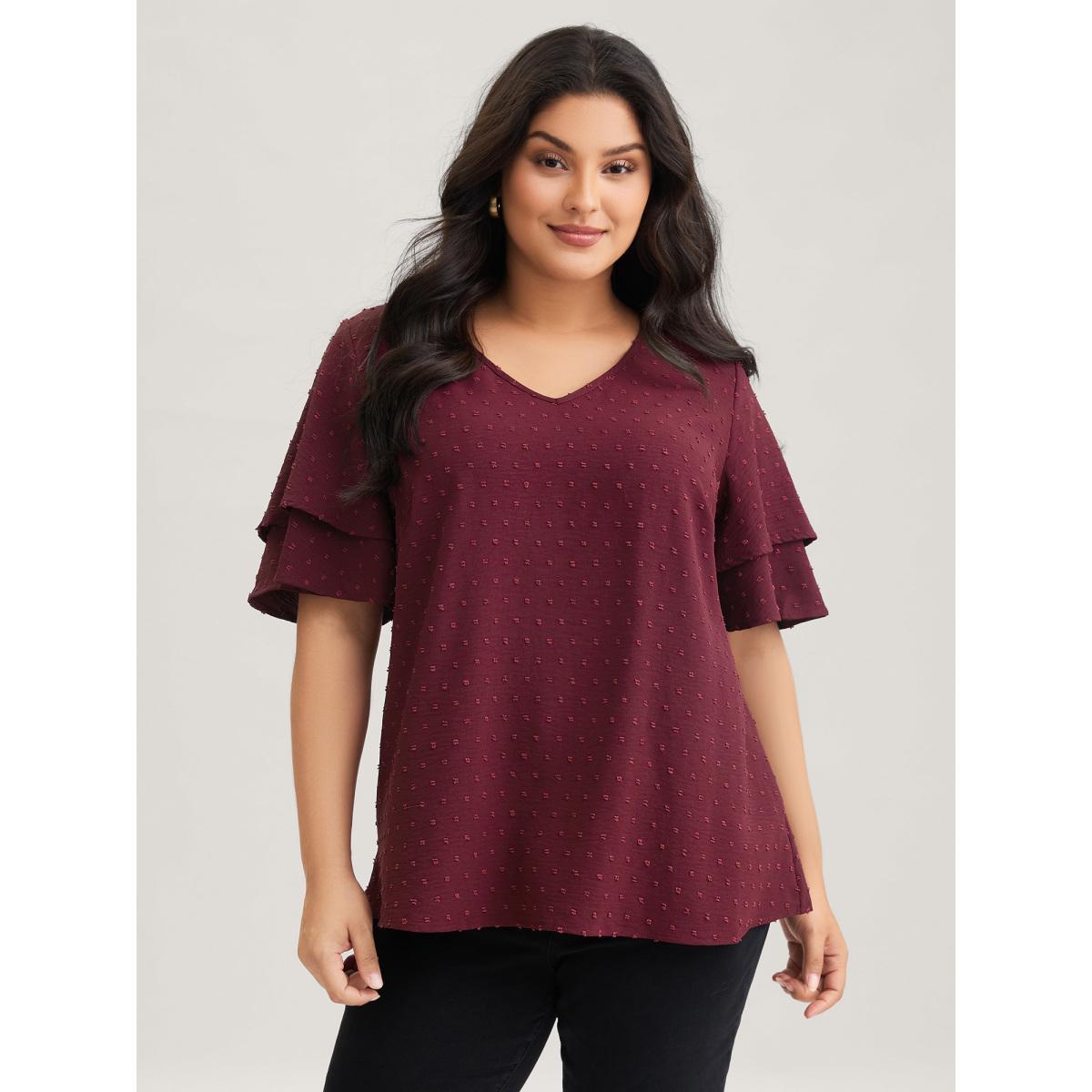 Plus Size Burgundy Plain Ruffle Tiered Sleeve V Neck Polka Dot Blouse Women Elegant Short sleeve V-neck Everyday Blouses BloomChic 10/M Product Image