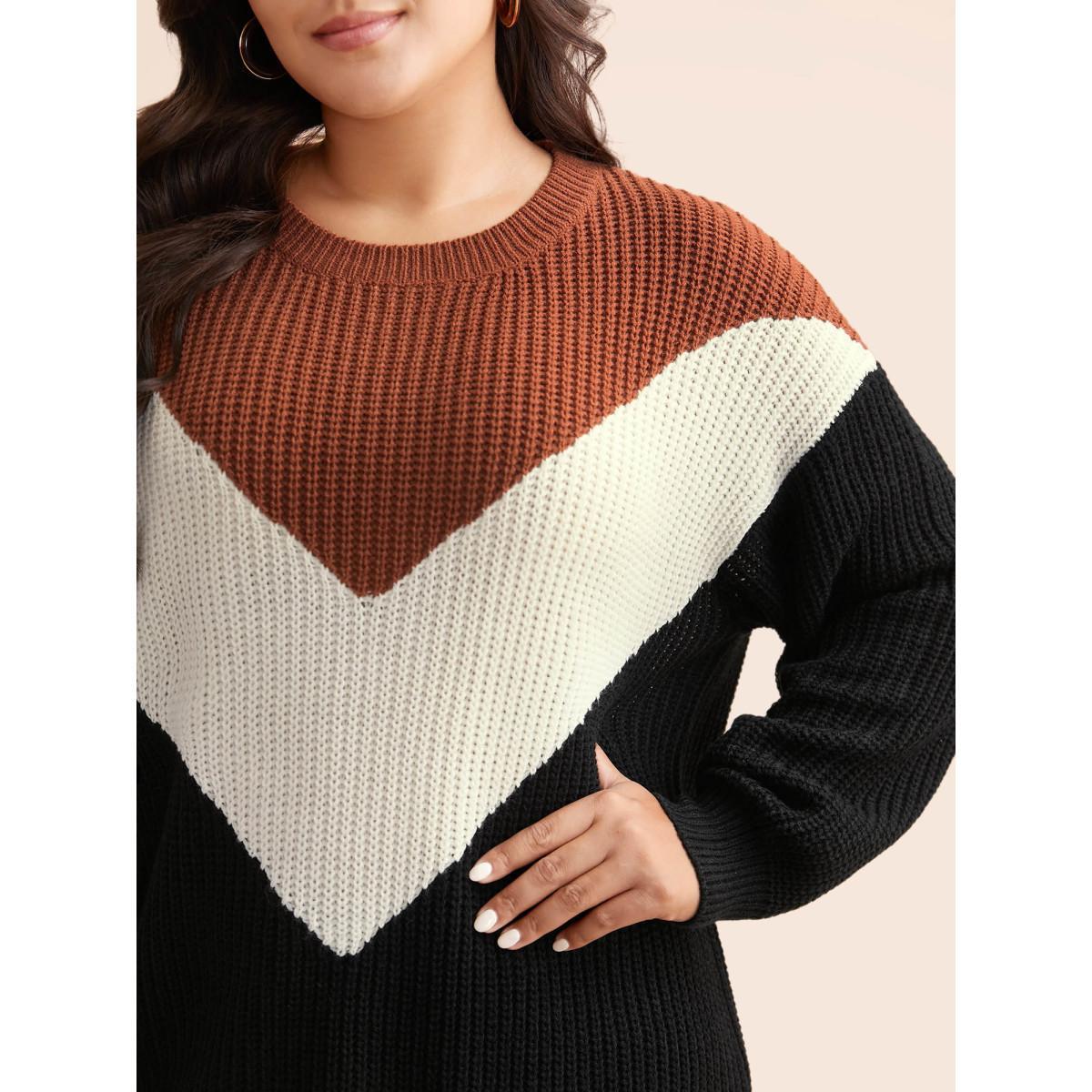 Plus Size Colorblock Contrast Lantern Sleeve Pullover Yellowishbrown Women Casual Loose Long Sleeve Round Neck Everyday Pullovers BloomChic 18-20/2X Product Image