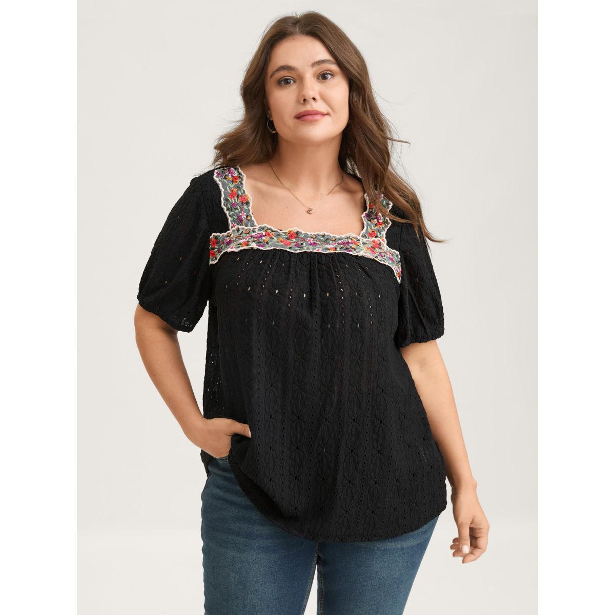 Plus Size Eyelet Trim Floral Embroidered Solid T-Shirt Black Women Woven ribbon&lace trim Square Neck Everyday-Elegant T-shirts BloomChic 14-16/1X Product Image