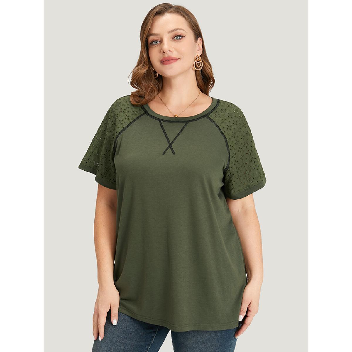 Plus Size Plain Patchwork Broderie Anglaise Raglan Sleeve T-shirt ArmyGreen Women Elegant Plain Plain Round Neck Dailywear T-shirts BloomChic 12/L Product Image